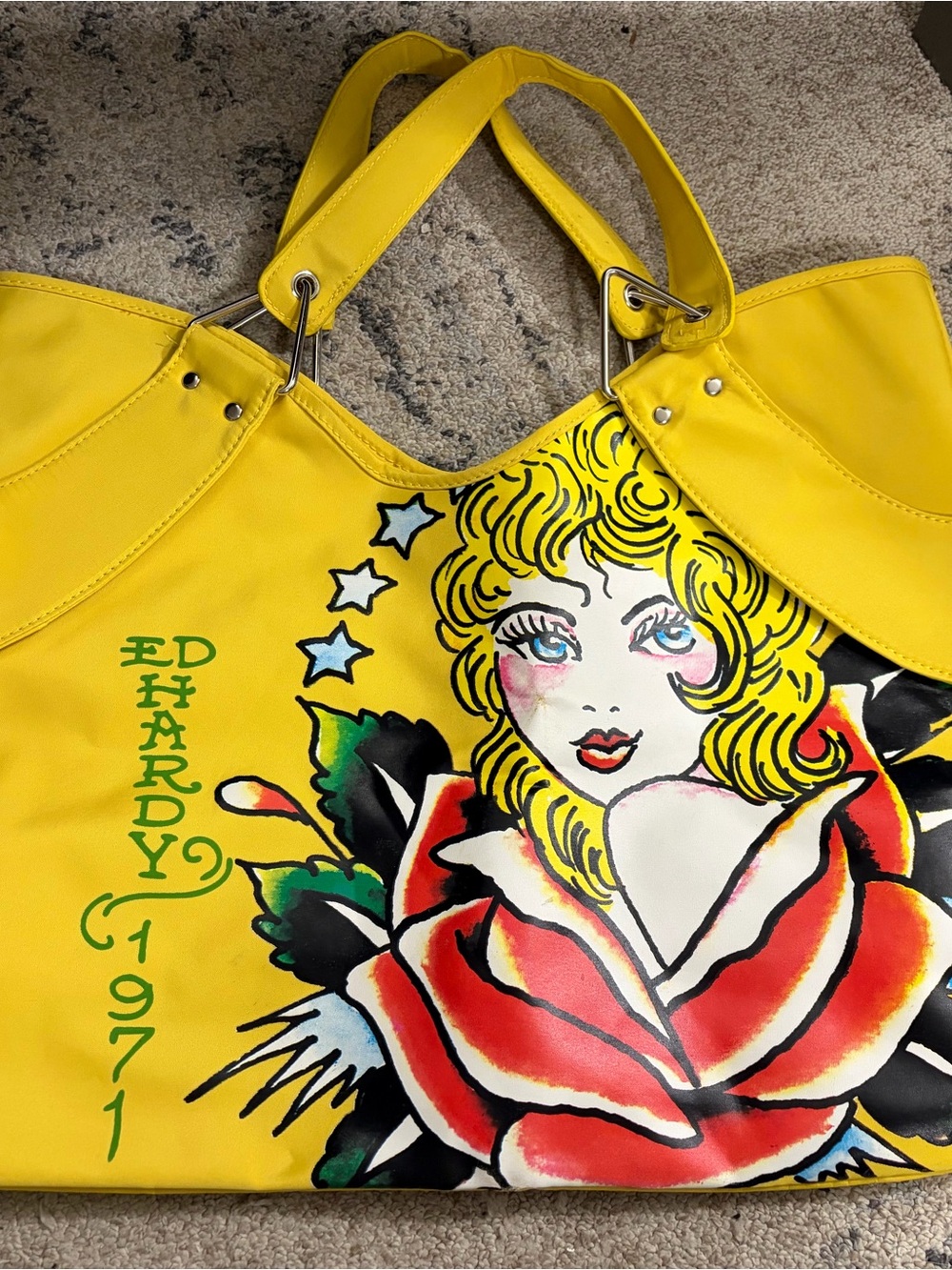 Ed Hardy Yellow Graphic Tote with Pop-Art Portrait Y2K